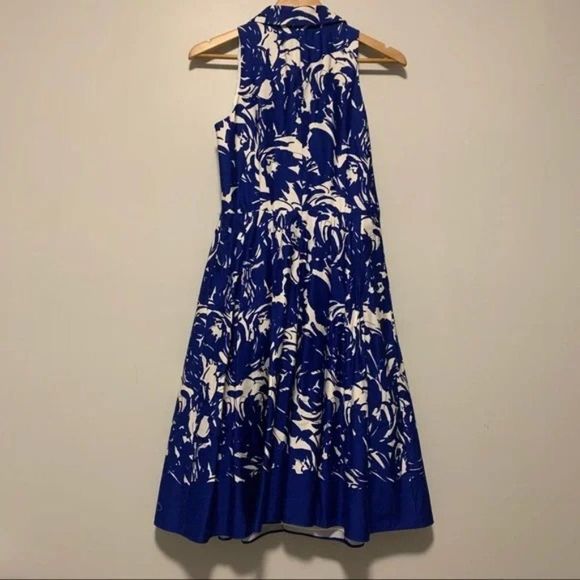 Jones New York Blue White Abstract Floral Print Midi Knit Pull Over Dress Size 8 - Picture 12 of 12